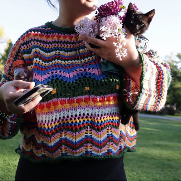 Colorful Knit Sweater crochet size L bell sleeves - Picture 1 of 2